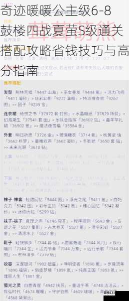 奇迹暖暖公主级6-8鼓楼四战夏萤S级通关搭配攻略省钱技巧与高分指南