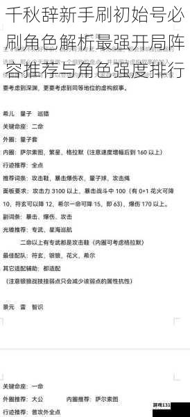 千秋辞新手刷初始号必刷角色解析最强开局阵容推荐与角色强度排行