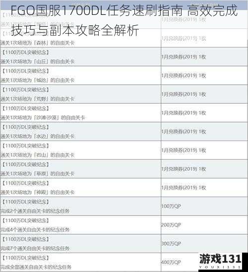 FGO国服1700DL任务速刷指南 高效完成技巧与副本攻略全解析
