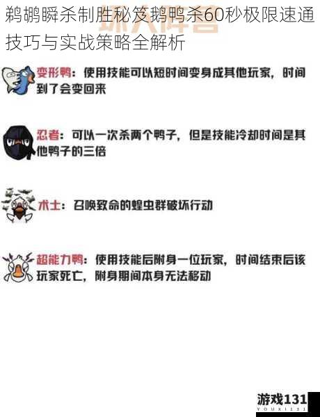 鹈鹕瞬杀制胜秘笈鹅鸭杀60秒极限速通技巧与实战策略全解析