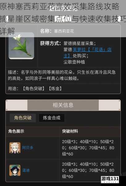 原神塞西莉亚花高效采集路线攻略 摘星崖区域密集点位与快速收集技巧详解