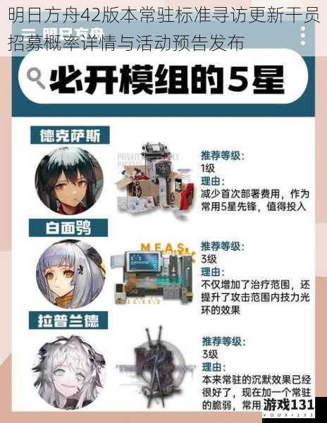 明日方舟42版本常驻标准寻访更新干员招募概率详情与活动预告发布